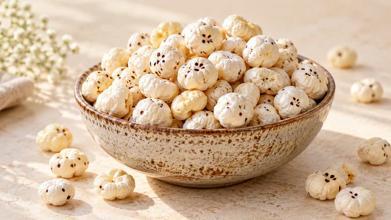 Bowl of bulk makhana (fox nuts), representative product photo